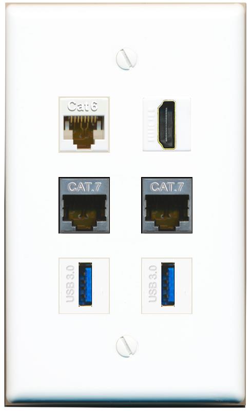  CAT6 2 CAT7 HDMI 2 USB-3 Flat/Solid Wall Plate [White]