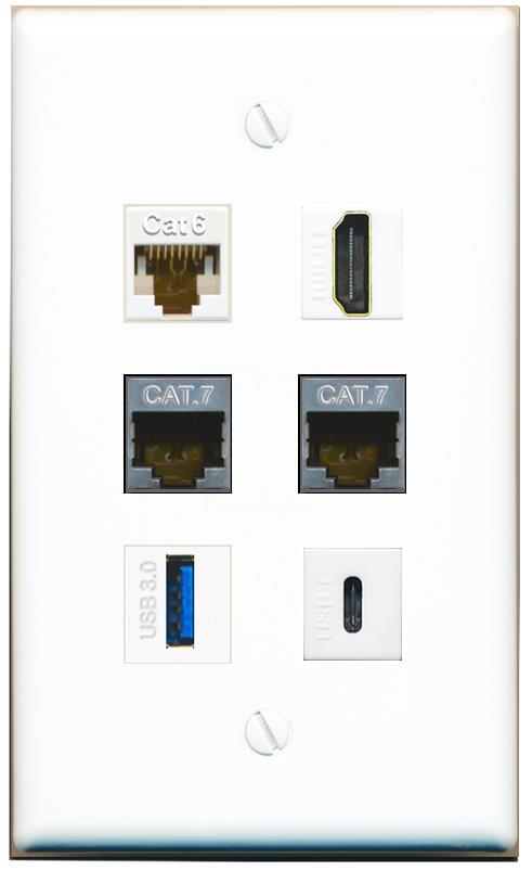  CAT6 2 CAT7 HDMI USB-3 USBC Flat/Solid Wall Plate [White]
