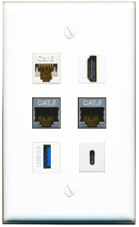  CAT6 2 CAT7 HDMI USB-3 USBC Flat/Solid Wall Plate [White]
