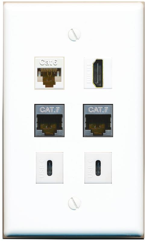  CAT6 2 CAT7 HDMI 2 USBC Flat/Solid Wall Plate [White]
