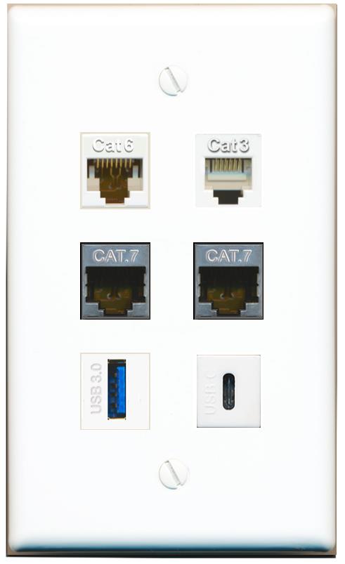  CAT6 2 CAT7 PHONE USB-3 USBC Flat/Solid Wall Plate [White]