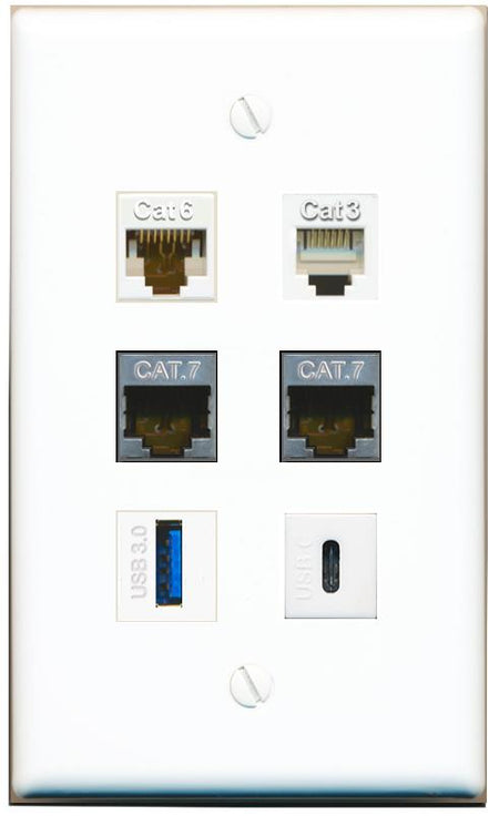  CAT6 2 CAT7 PHONE USB-3 USBC Flat/Solid Wall Plate [White]