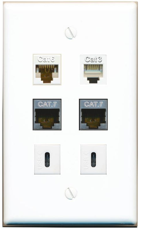  CAT6 2 CAT7 PHONE 2 USBC Flat/Solid Wall Plate [White]