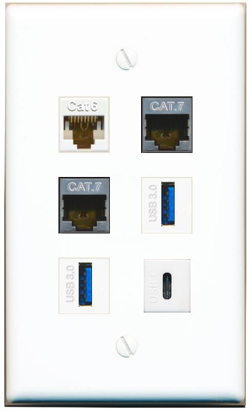  CAT6 2 CAT7 2 USB-3 USBC Flat/Solid Wall Plate [White]
