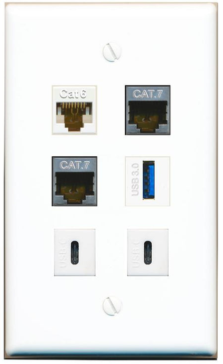  CAT6 2 CAT7 USB-3 2 USBC Flat/Solid Wall Plate [White]