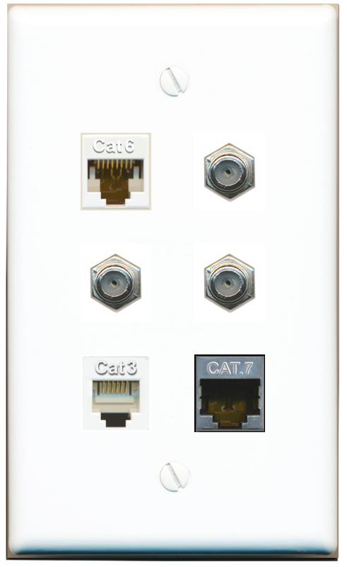  CAT6 CAT7 3 COAX PHONE Flat/Solid Wall Plate [White]