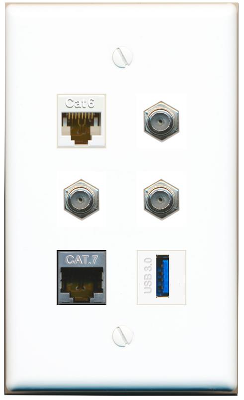  CAT6 CAT7 3 COAX USB-3 Flat/Solid Wall Plate [White]