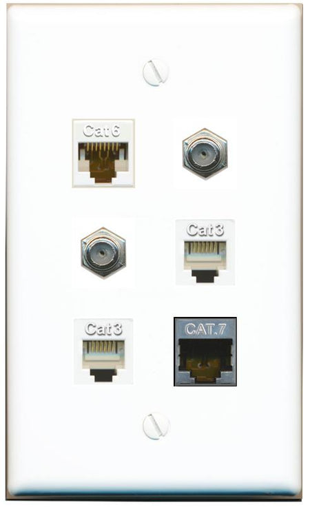  CAT6 CAT7 2 COAX 2 PHONE Flat/Solid Wall Plate [White]