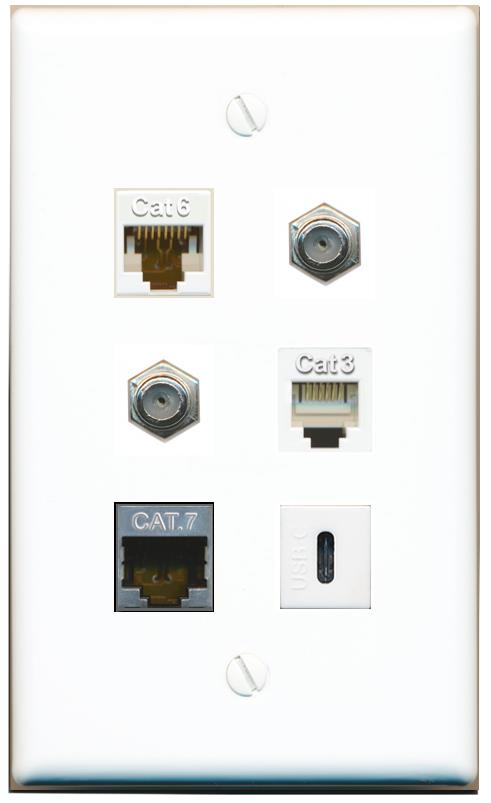  CAT6 CAT7 2 COAX PHONE USBC Flat/Solid Wall Plate [White]