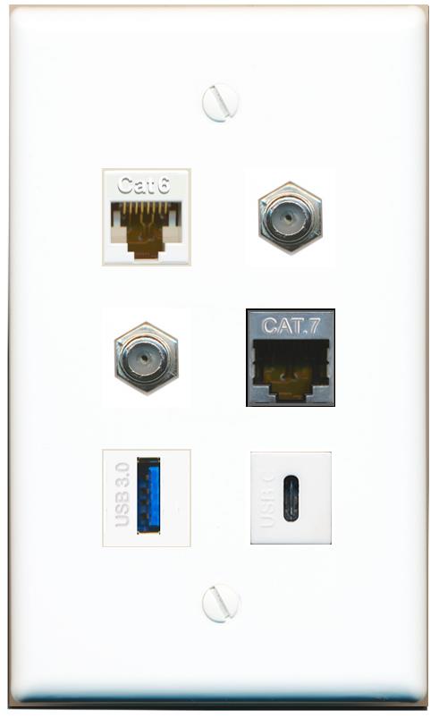  CAT6 CAT7 2 COAX USB-3 USBC Flat/Solid Wall Plate [White]