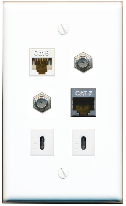  CAT6 CAT7 2 COAX 2 USBC Flat/Solid Wall Plate [White]
