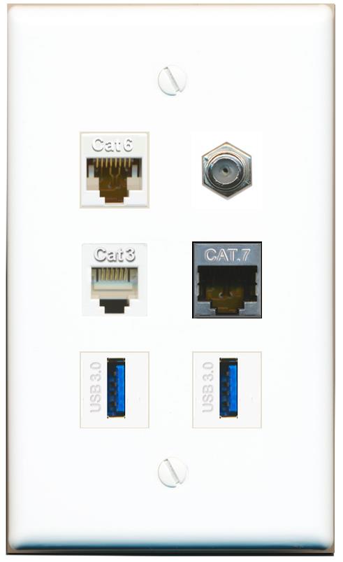  CAT6 CAT7 COAX PHONE 2 USB-3 Flat/Solid Wall Plate [White]