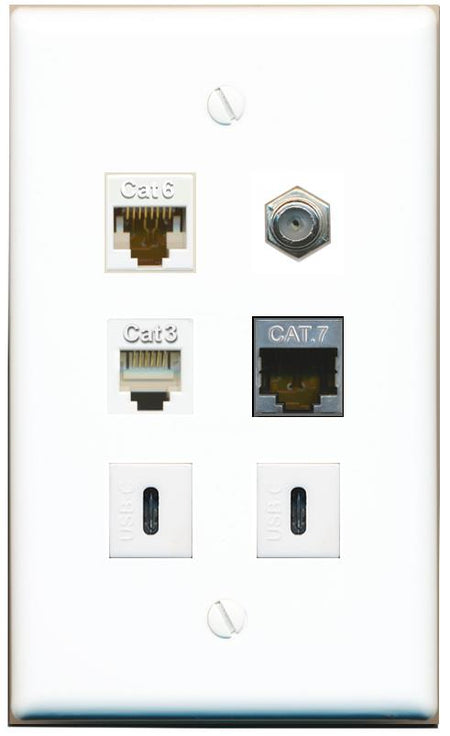  CAT6 CAT7 COAX PHONE 2 USBC Flat/Solid Wall Plate [White]