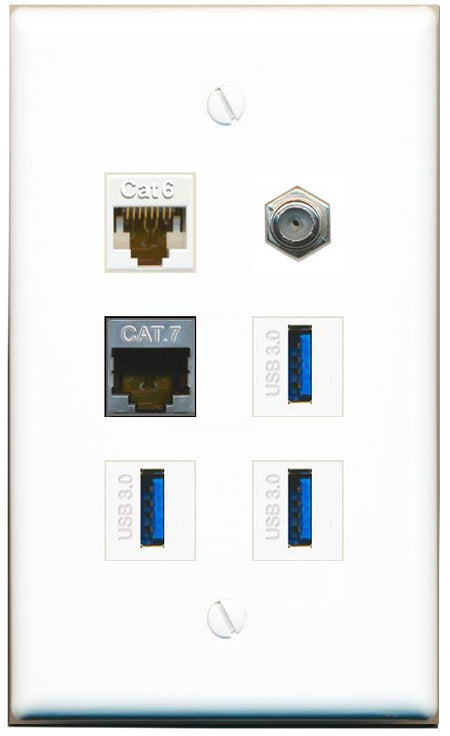  CAT6 CAT7 COAX 3 USB-3 Flat/Solid Wall Plate [White]