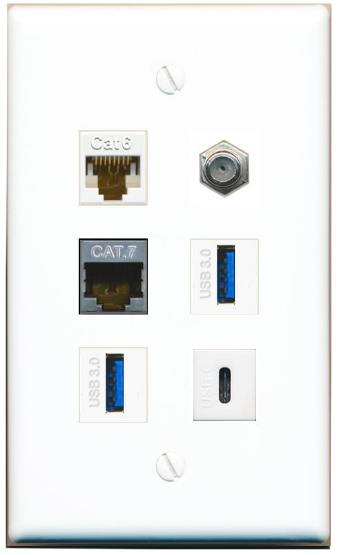  CAT6 CAT7 COAX 2 USB-3 USBC Flat/Solid Wall Plate [White]