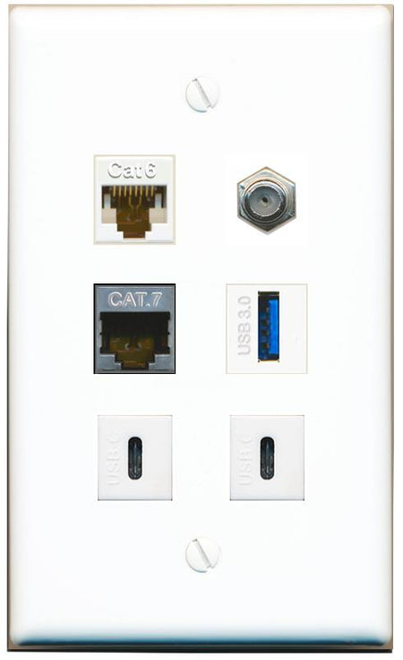  CAT6 CAT7 COAX USB-3 2 USBC Flat/Solid Wall Plate [White]