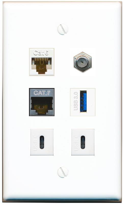  CAT6 CAT7 COAX USB-3 2 USBC Flat/Solid Wall Plate [White]