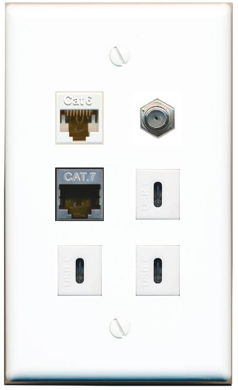  CAT6 CAT7 COAX 3 USBC Flat/Solid Wall Plate [White]