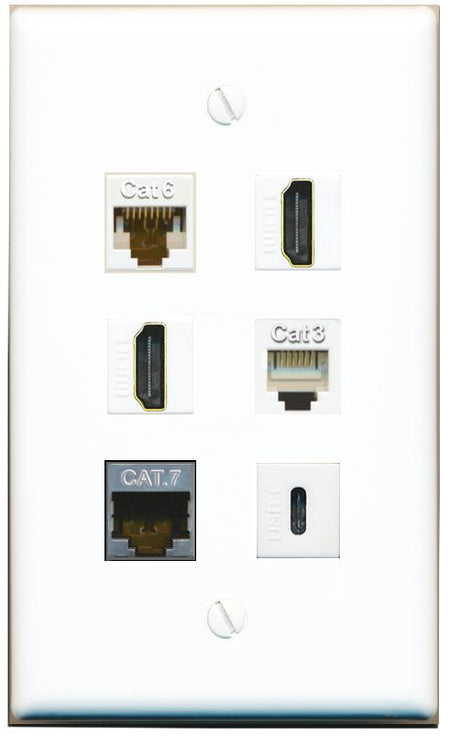  CAT6 CAT7 2 HDMI PHONE USBC Flat/Solid Wall Plate [White]