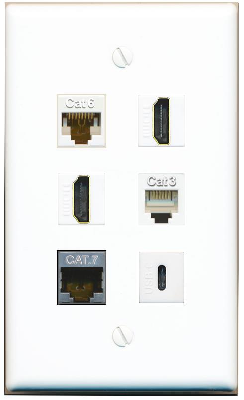  CAT6 CAT7 2 HDMI PHONE USBC Flat/Solid Wall Plate [White]
