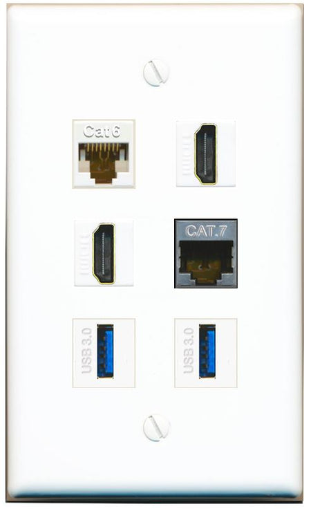  CAT6 CAT7 2 HDMI 2 USB-3 Flat/Solid Wall Plate [White]