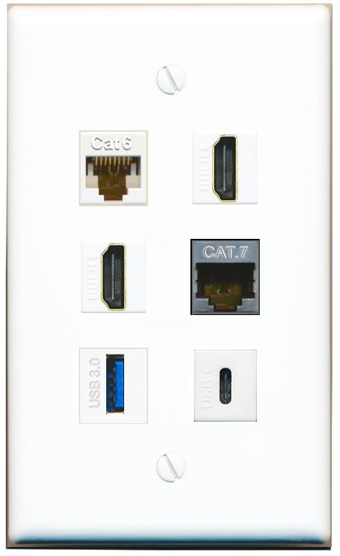  CAT6 CAT7 2 HDMI USB-3 USBC Flat/Solid Wall Plate [White]