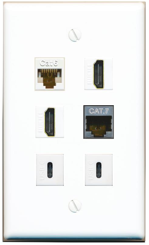  CAT6 CAT7 2 HDMI 2 USBC Flat/Solid Wall Plate [White]