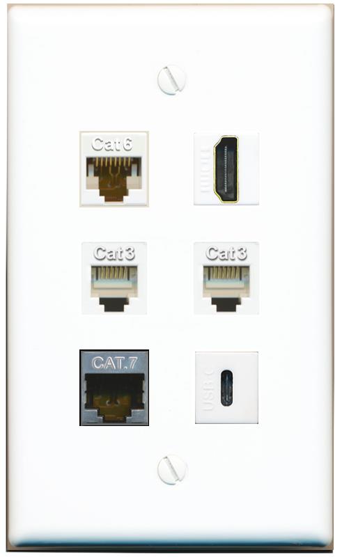  CAT6 CAT7 HDMI 2 PHONE USBC Flat/Solid Wall Plate [White]