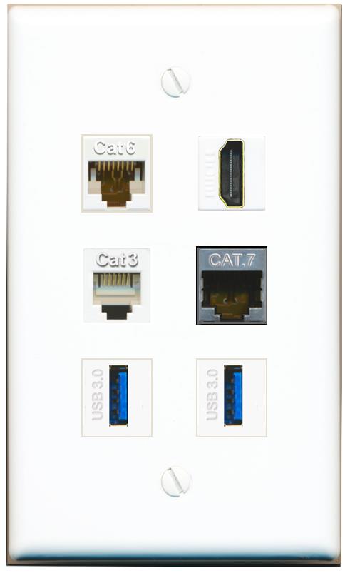  CAT6 CAT7 HDMI PHONE 2 USB-3 Flat/Solid Wall Plate [White]