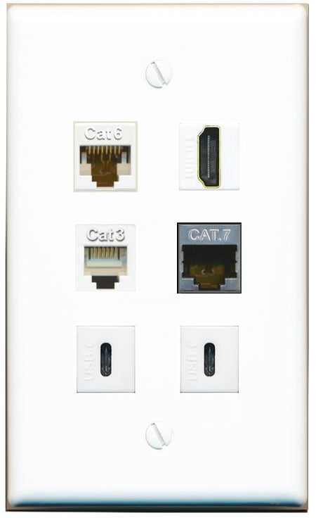  CAT6 CAT7 HDMI PHONE 2 USBC Flat/Solid Wall Plate [White]