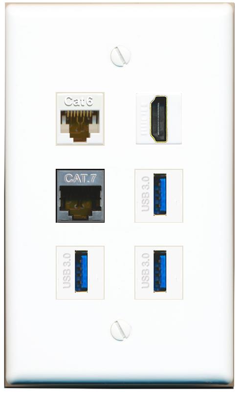  CAT6 CAT7 HDMI 3 USB-3 Flat/Solid Wall Plate [White]