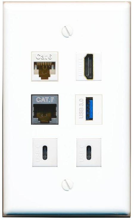  CAT6 CAT7 HDMI USB-3 2 USBC Flat/Solid Wall Plate [White]