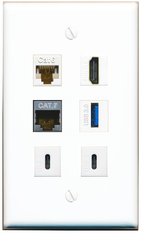  CAT6 CAT7 HDMI USB-3 2 USBC Flat/Solid Wall Plate [White]