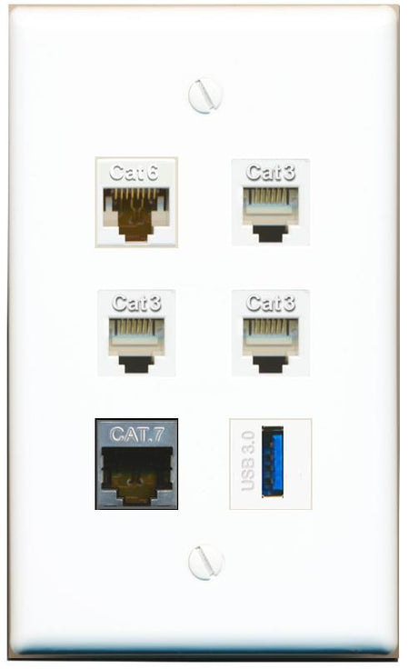  CAT6 CAT7 3 PHONE USB-3 Flat/Solid Wall Plate [White]