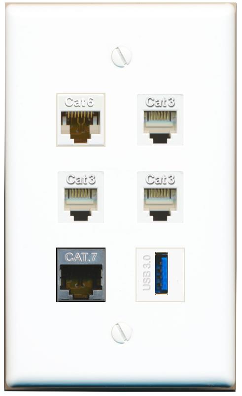  CAT6 CAT7 3 PHONE USB-3 Flat/Solid Wall Plate [White]