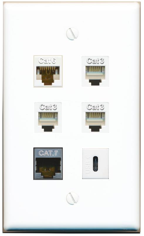  CAT6 CAT7 3 PHONE USBC Flat/Solid Wall Plate [White]