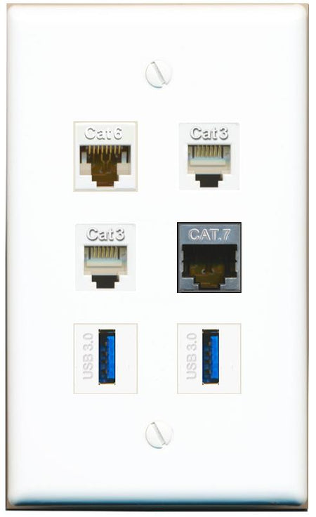  CAT6 CAT7 2 PHONE 2 USB-3 Flat/Solid Wall Plate [White]