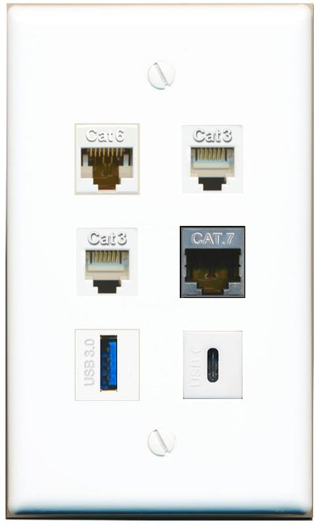  CAT6 CAT7 2 PHONE USB-3 USBC Flat/Solid Wall Plate [White]