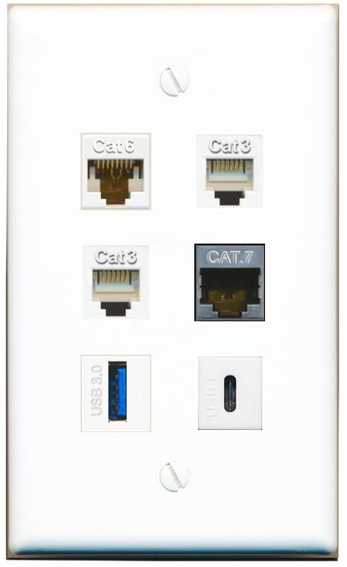  CAT6 CAT7 2 PHONE USB-3 USBC Flat/Solid Wall Plate [White]