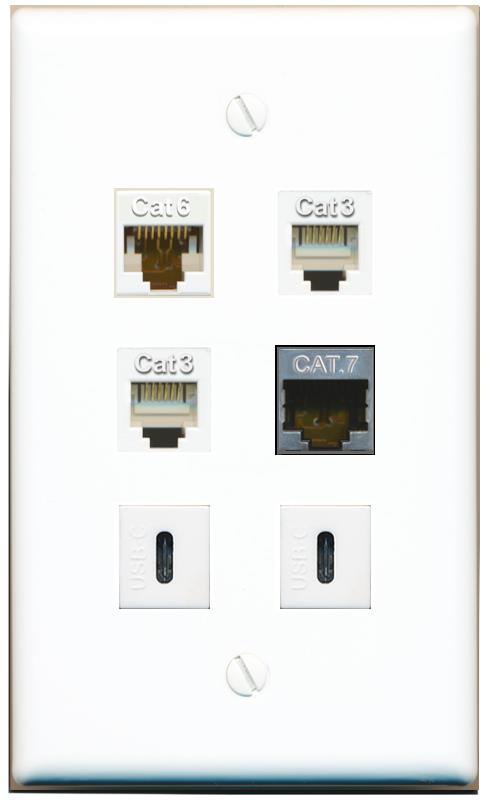  CAT6 CAT7 2 PHONE 2 USBC Flat/Solid Wall Plate [White]