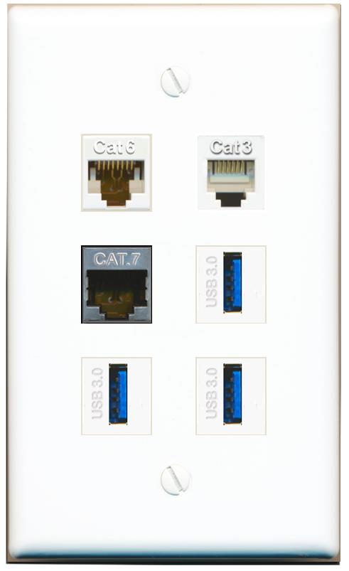  CAT6 CAT7 PHONE 3 USB-3 Flat/Solid Wall Plate [White]