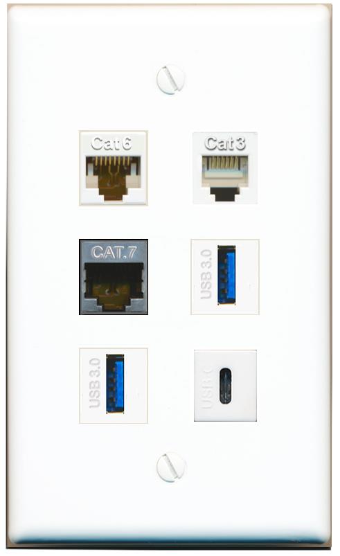  CAT6 CAT7 PHONE 2 USB-3 USBC Flat/Solid Wall Plate [White]