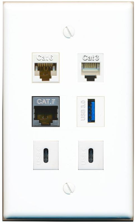  CAT6 CAT7 PHONE USB-3 2 USBC Flat/Solid Wall Plate [White]