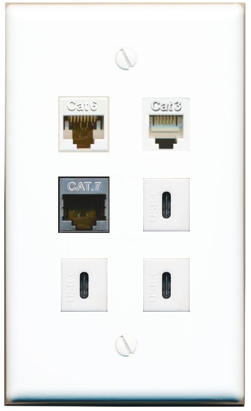  CAT6 CAT7 PHONE 3 USBC Flat/Solid Wall Plate [White]