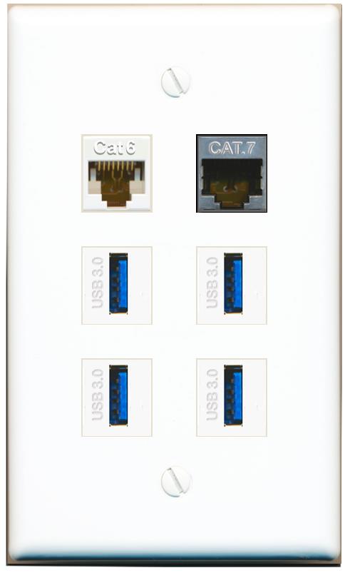  CAT6 CAT7 4 USB-3 Flat/Solid Wall Plate [White]