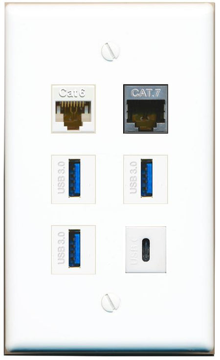  CAT6 CAT7 3 USB-3 USBC Flat/Solid Wall Plate [White]