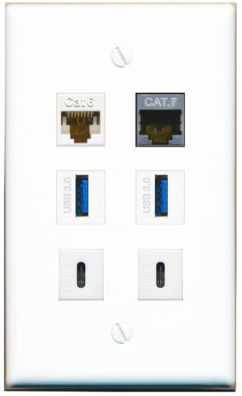  CAT6 CAT7 2 USB-3 2 USBC Flat/Solid Wall Plate [White]