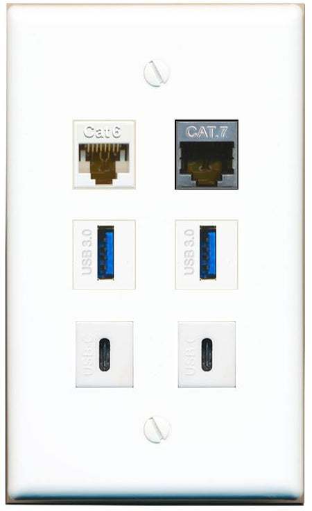  CAT6 CAT7 2 USB-3 2 USBC Flat/Solid Wall Plate [White]