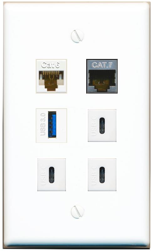  CAT6 CAT7 USB-3 3 USBC Flat/Solid Wall Plate [White]