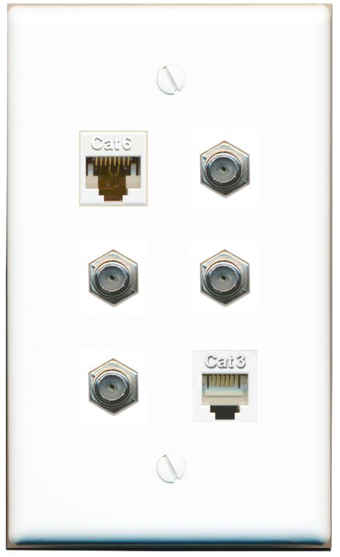  CAT6 4 COAX PHONE Flat/Solid Wall Plate [White]